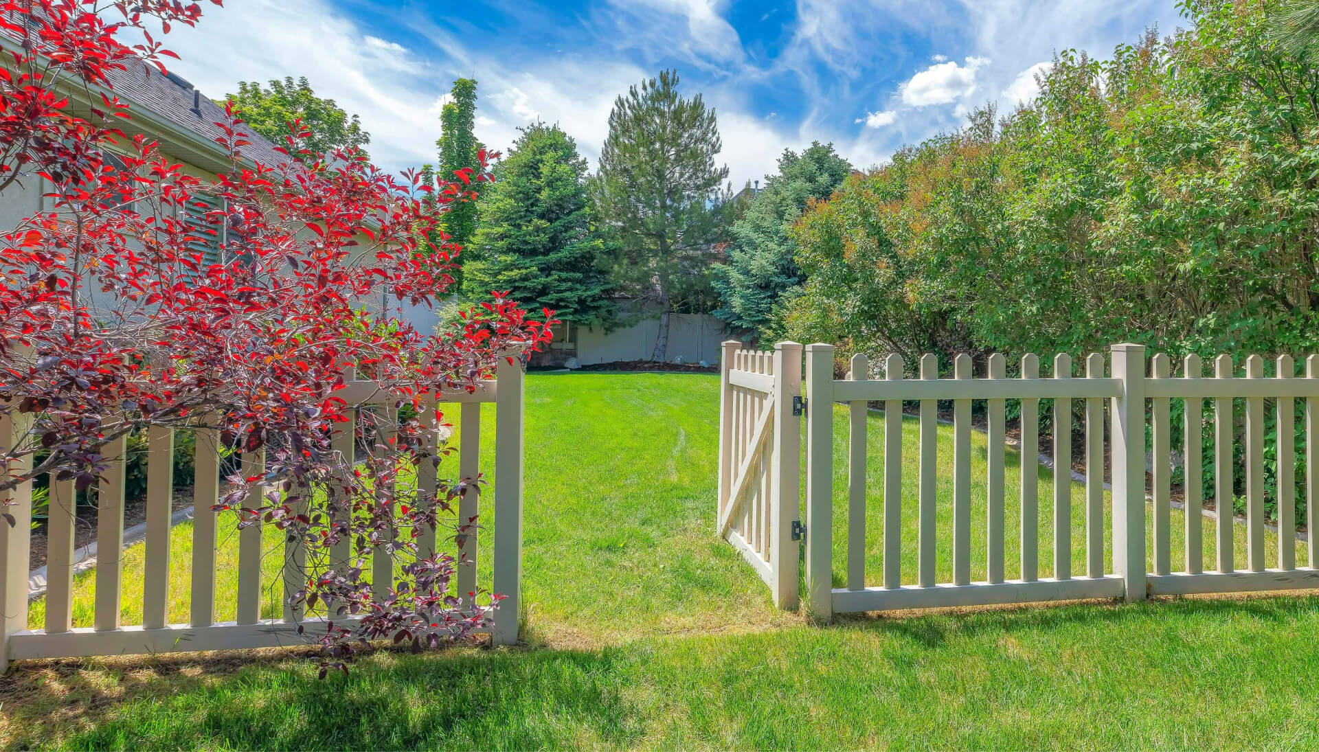 A functional fence gate providing access to a well-maintained backyard, surrounded by a wooden fence in Madison
